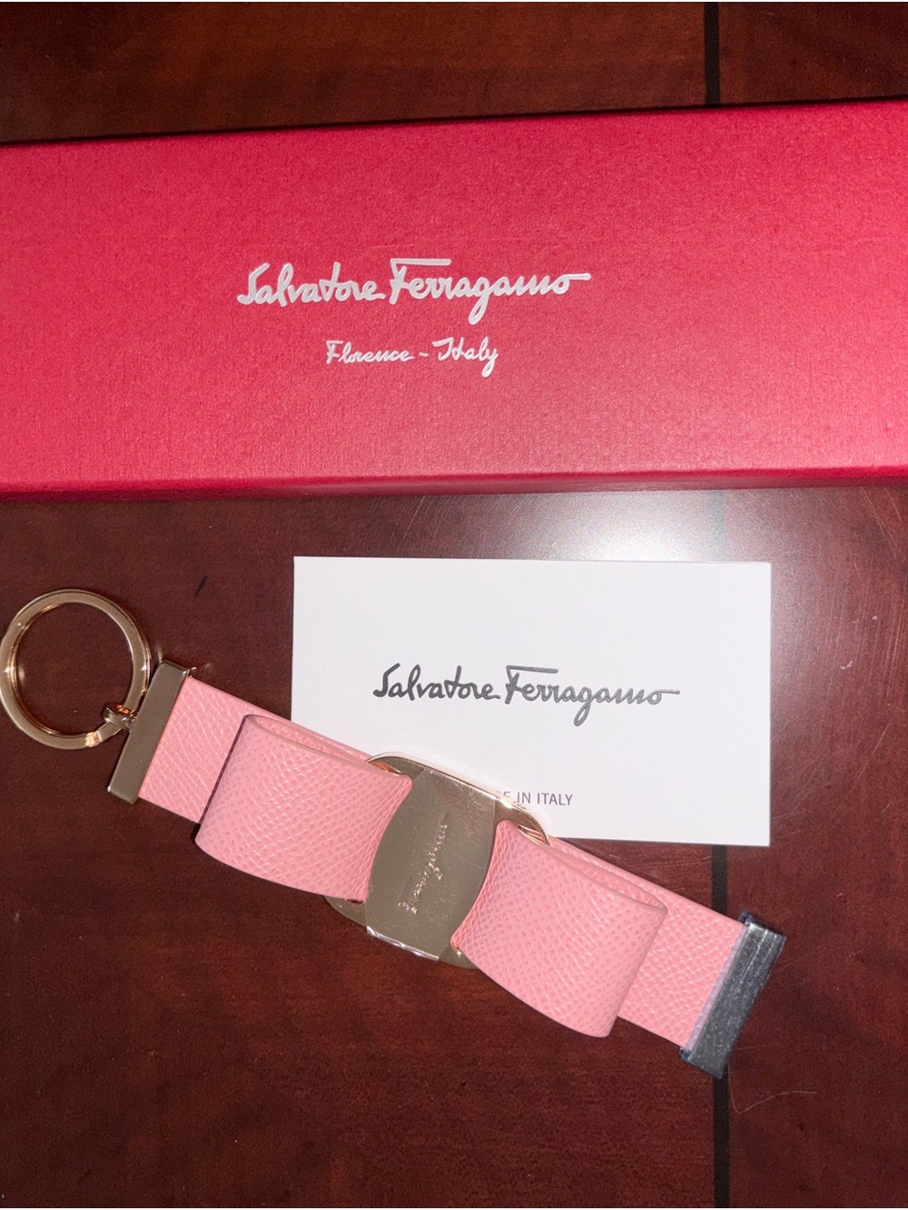 Salvatore Ferragamo Pink Leather Bow Key Holder with Gold Hardware